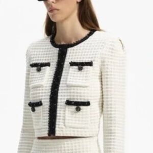 Self-Portrait CREAM & Black TEXTURED Bouclé KNIT CARDIGAN jacket size M